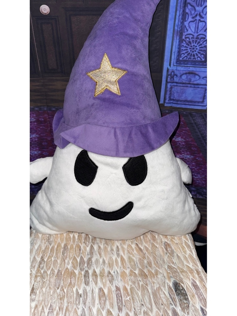 Large Plush Ghost Pillow with Purple Wizard Hat and Gold Star Decoration
